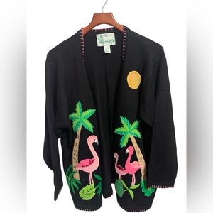 Vintage Quacker Factory Women’s Flamingos Palm Tree Novelty Cardigan Sweater 1x
